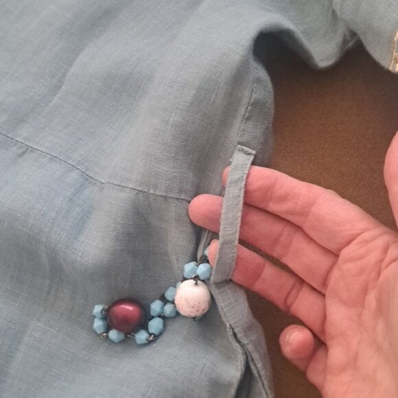 Greek Arcaic Kori Seafoam Color Linen Dress Gold Embroidery szXS missing  sash - Picture 10 of 12